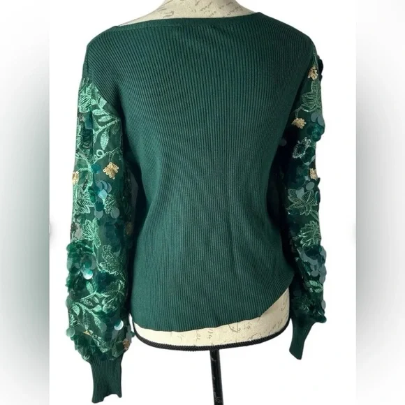Sioni Green Embellished Sleeve Sweater - Picture 8 of 13